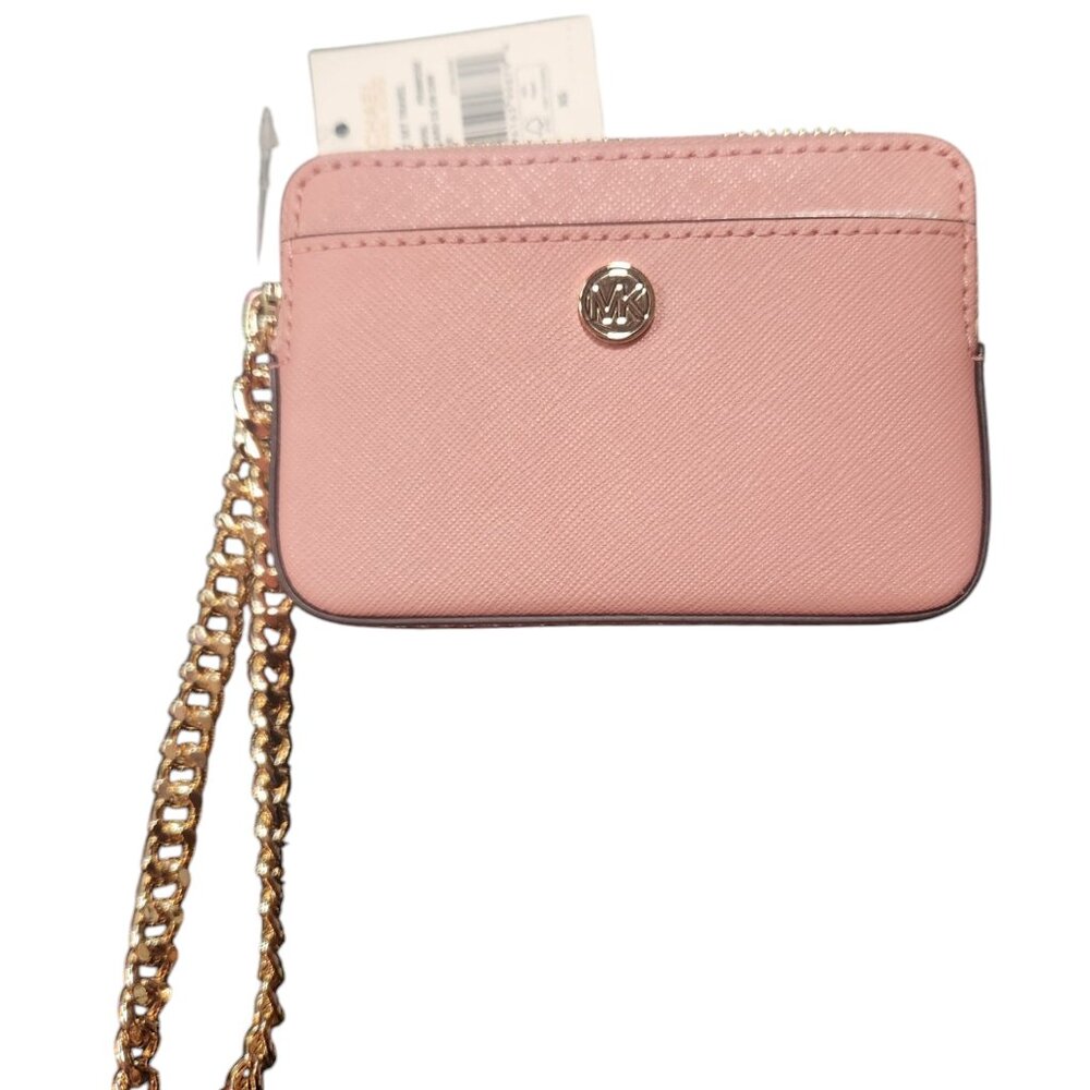 Michael Kors Zip Around Leather Chain Card Case in Primrose Gold-tone Hardware